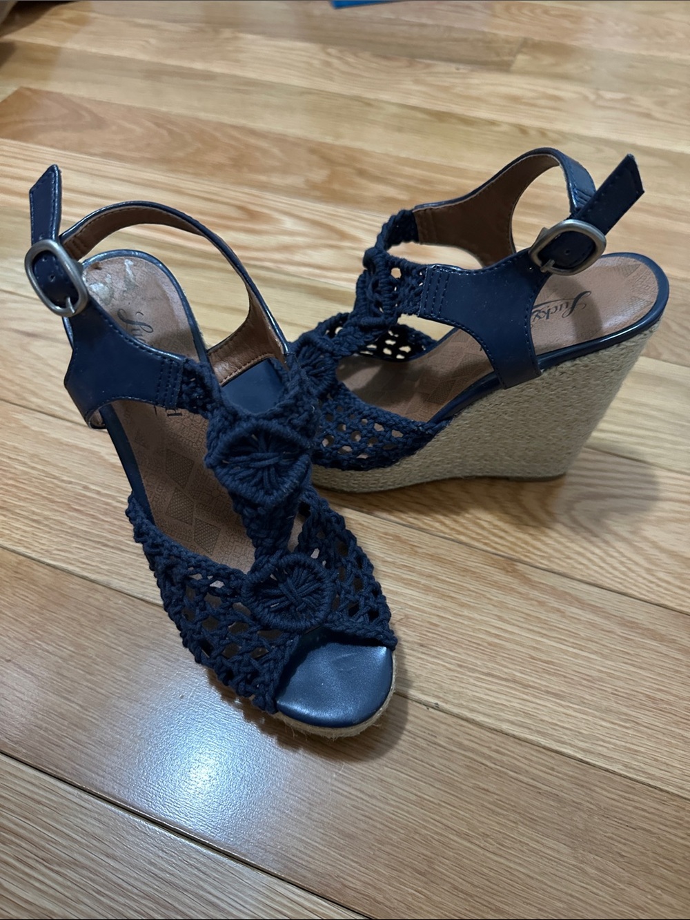 Lucky Brand Navy Crochet Espadrille Wedge Sandals